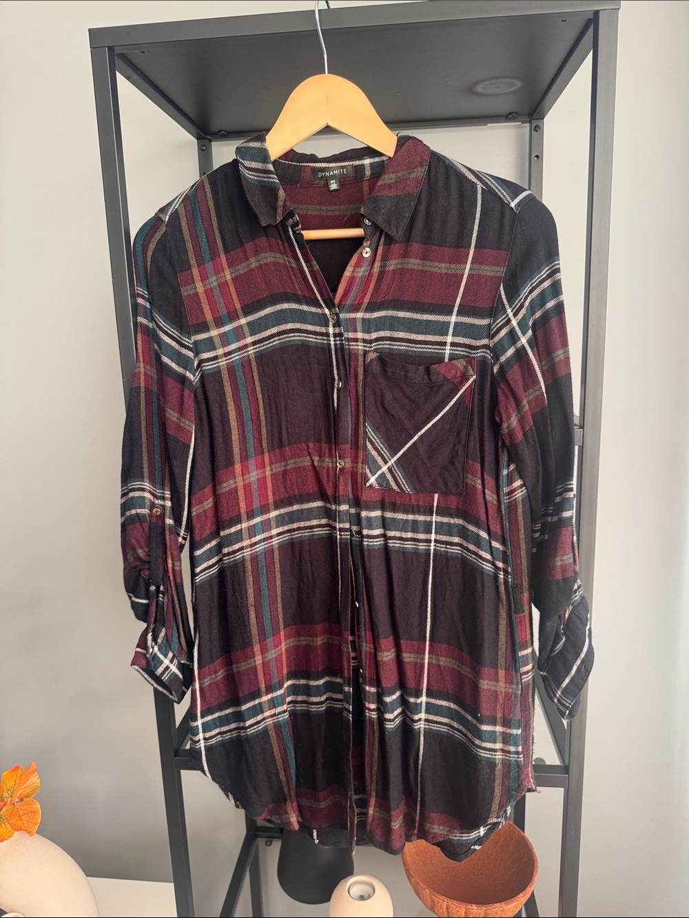 022. Dynamite Black & Burgundy Plaid Button-Down Shirt